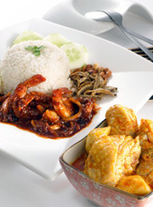 Nasi Lemak with Curry Chicken with Sambal Prawns